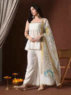 Myshka Women White Longline Sleeveless Kurta with Trouser & Dupatta - Distacart