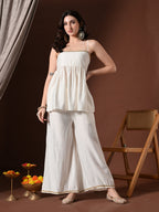 Myshka Women White Longline Sleeveless Kurta with Trouser & Dupatta - Distacart