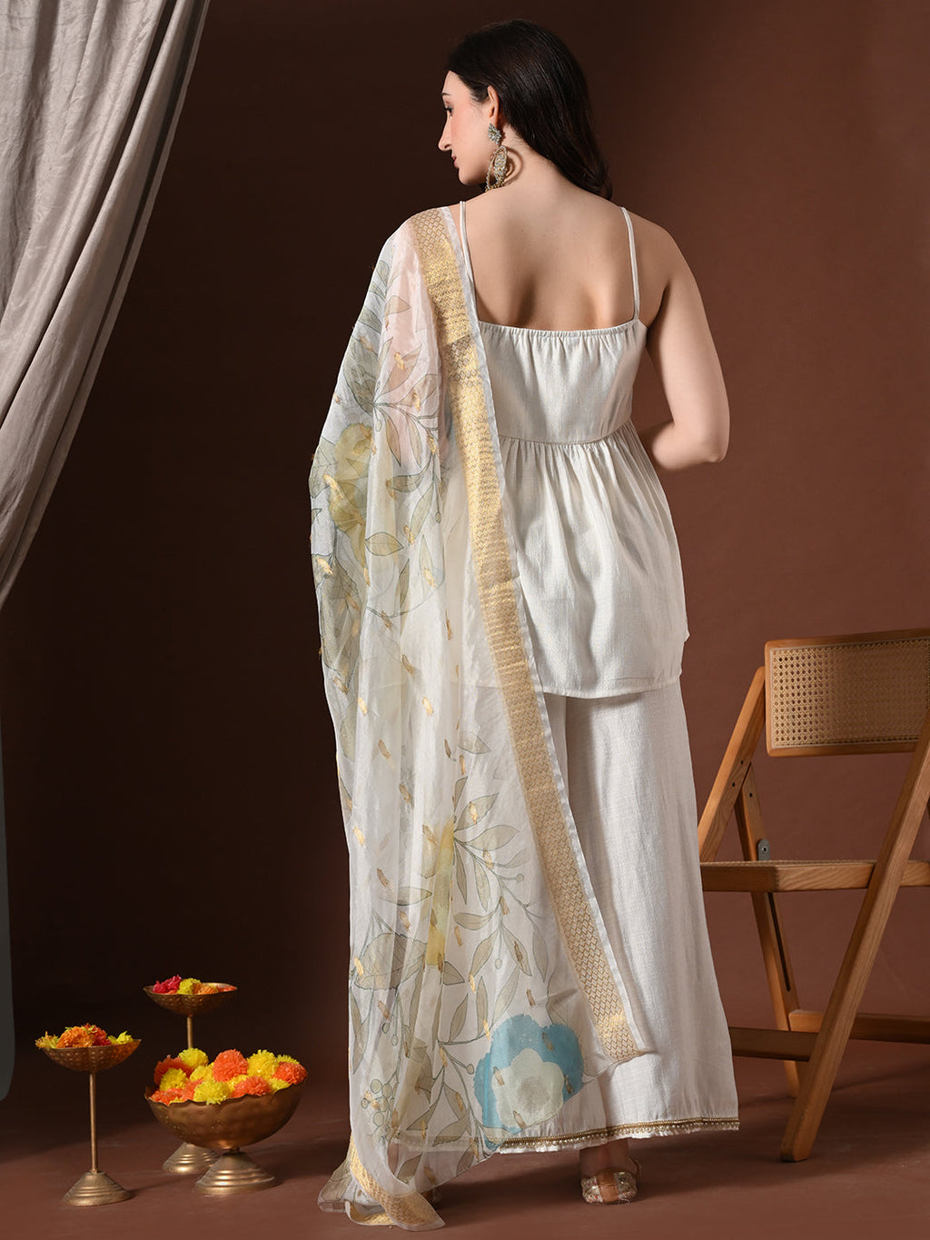 Myshka Women White Longline Sleeveless Kurta with Trouser & Dupatta - Distacart