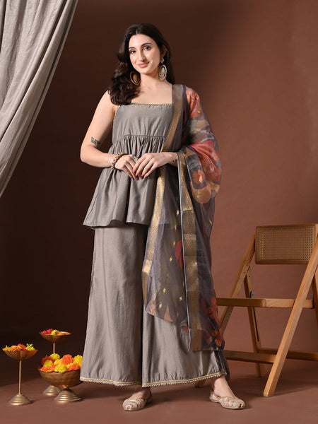 Myshka Women Grey Longline Sleeveless Kurta with Trouser & Dupatta