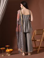 Myshka Women Grey Longline Sleeveless Kurta with Trouser & Dupatta - Distacart