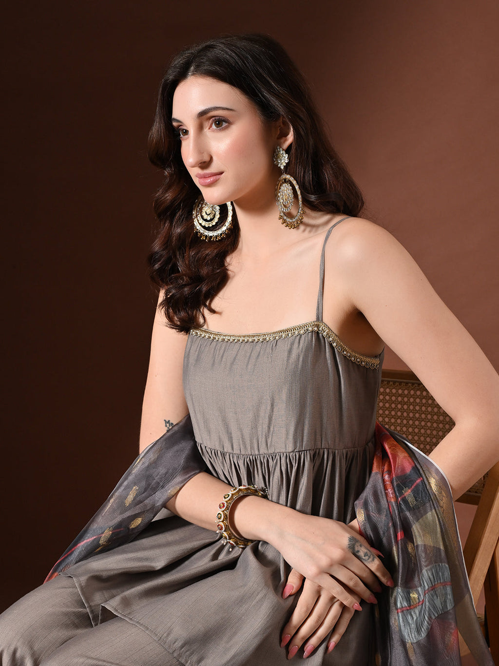 Myshka Women Grey Longline Sleeveless Kurta with Trouser & Dupatta - Distacart