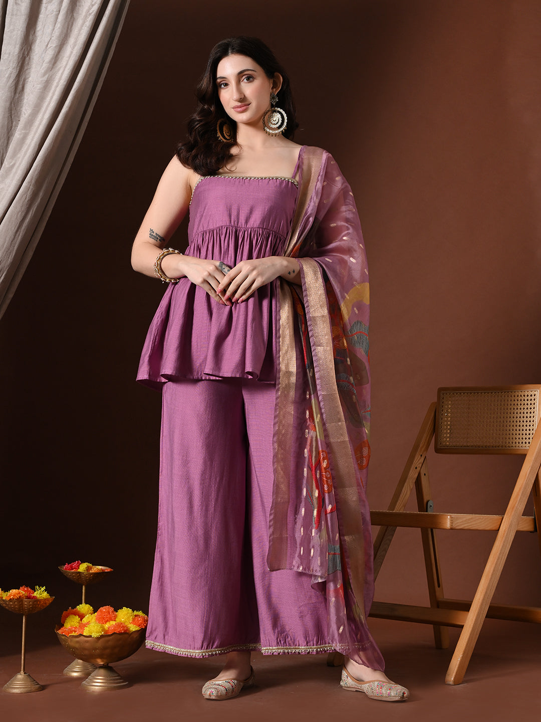 Myshka Women Lavender Longline Sleeveless Kurta with Trouser & Dupatta - Distacart