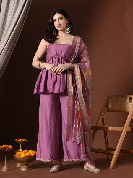 Myshka Women Lavender Longline Sleeveless Kurta with Trouser & Dupatta