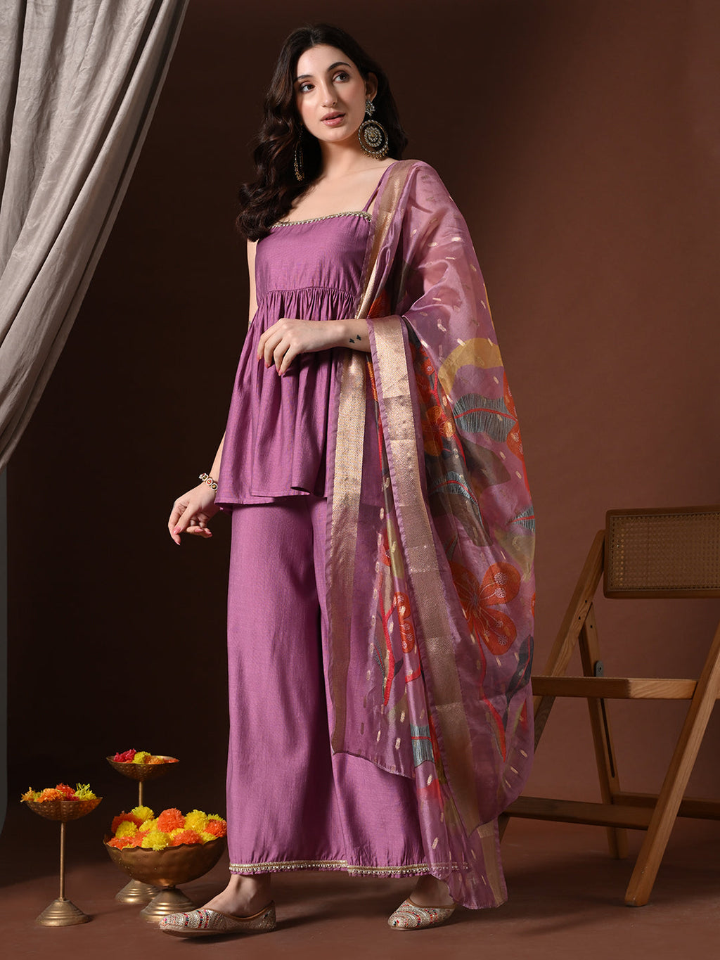 Myshka Women Lavender Longline Sleeveless Kurta with Trouser & Dupatta - Distacart