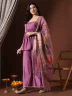 Myshka Women Lavender Longline Sleeveless Kurta with Trouser & Dupatta - Distacart