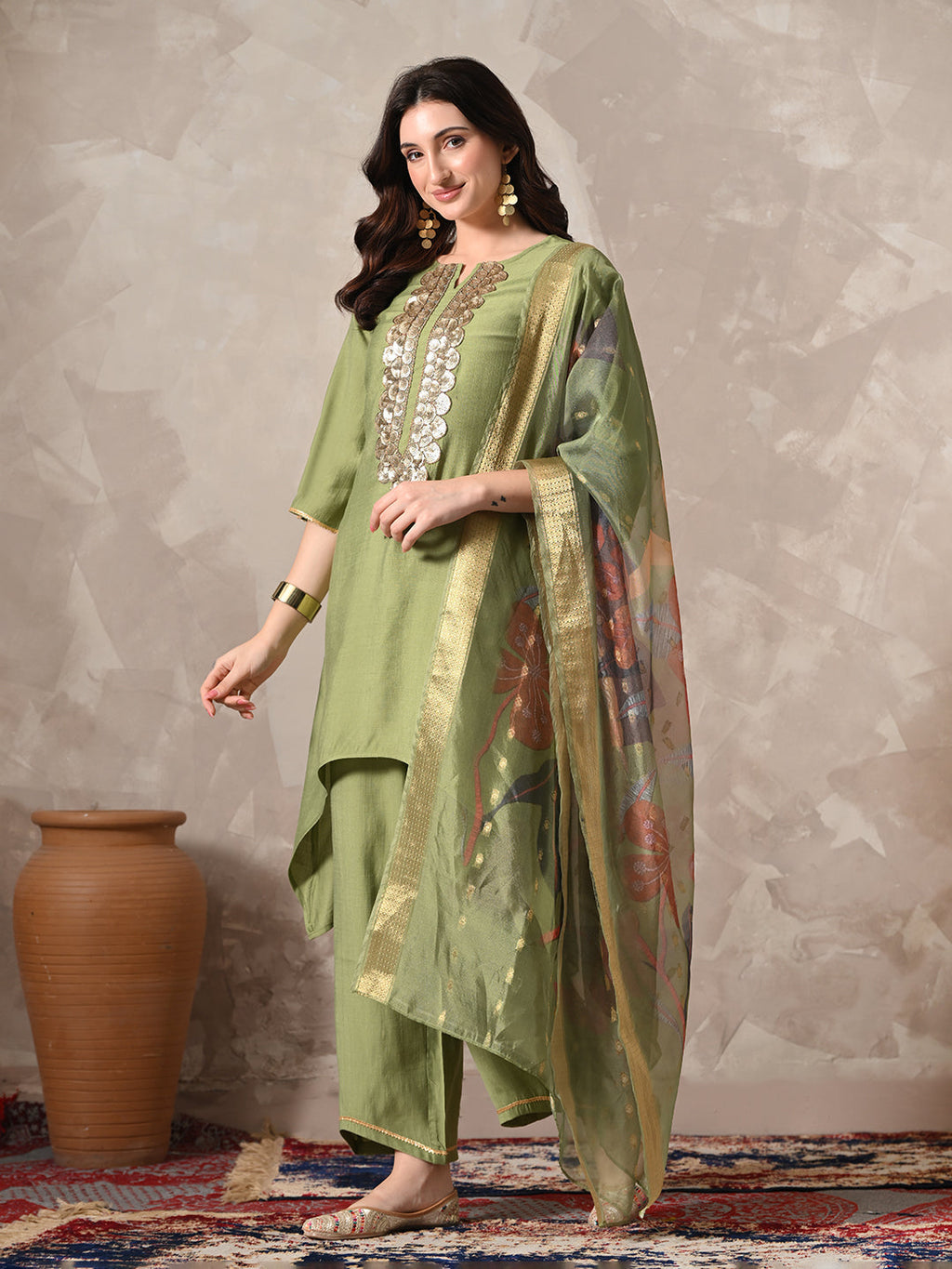 Myshka Women Green Floral Yoke Design Sequinned A-Line Kurta Set with Dupatta - Distacart