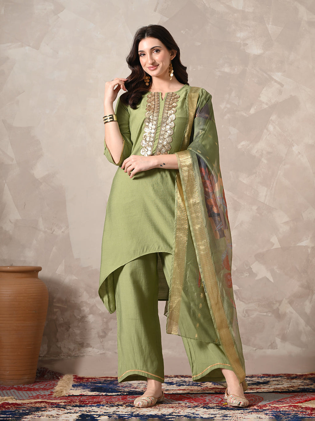 Myshka Women Green Floral Yoke Design Sequinned A-Line Kurta Set with Dupatta - Distacart