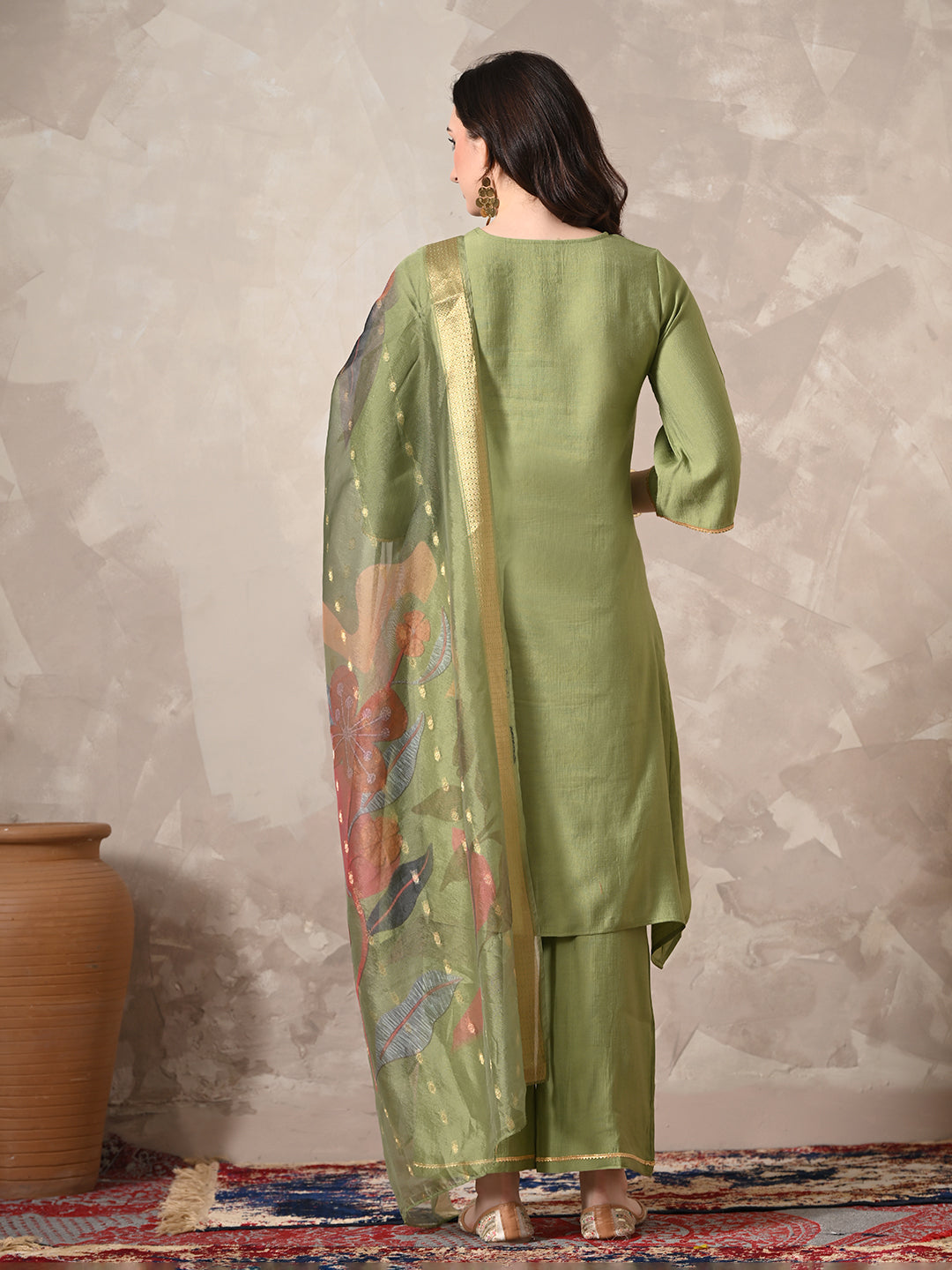 Myshka Women Green Floral Yoke Design Sequinned A-Line Kurta Set with Dupatta - Distacart