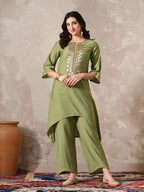 Myshka Women Green Floral Yoke Design Sequinned A-Line Kurta Set with Dupatta - Distacart