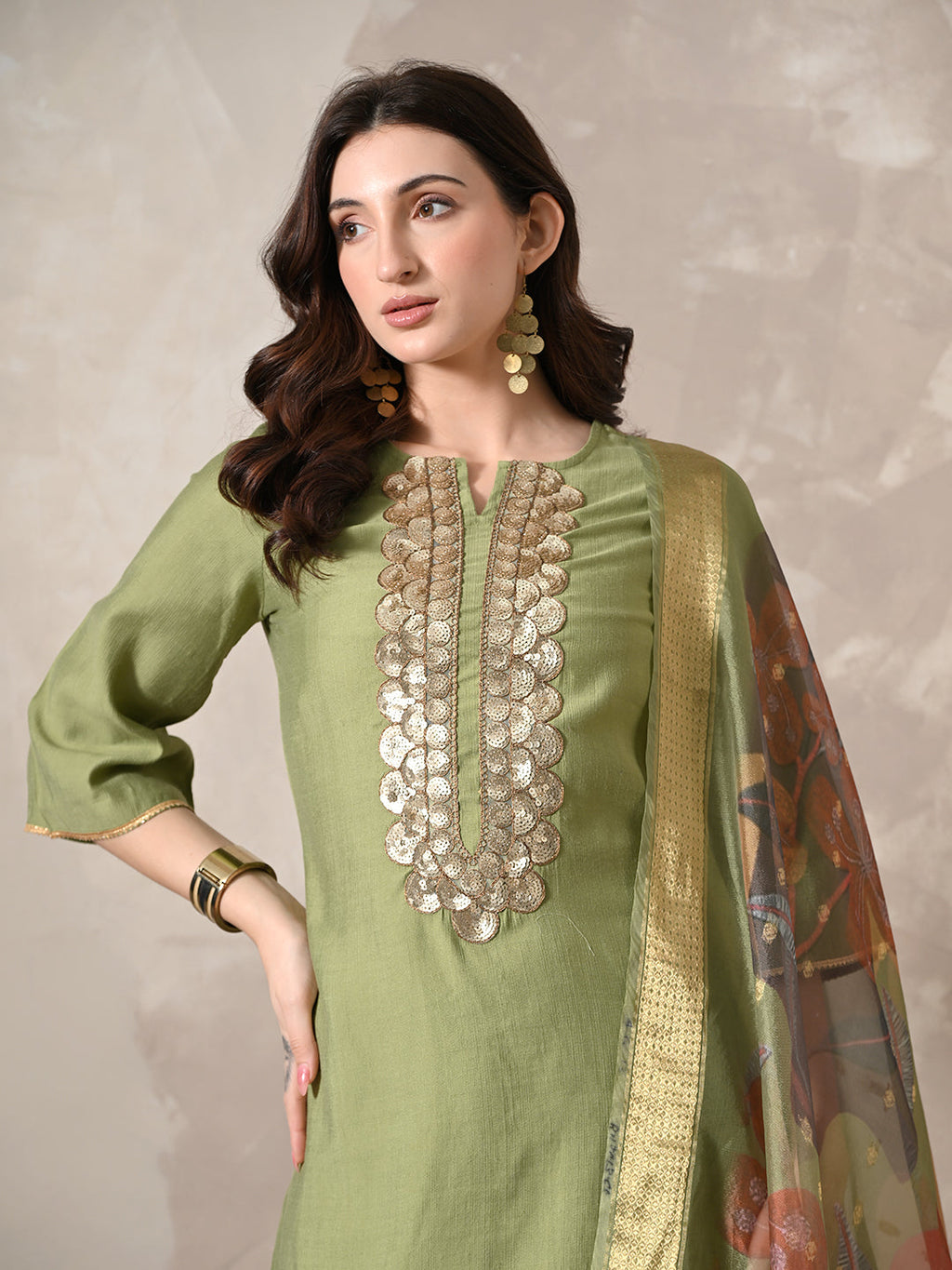 Myshka Women Green Floral Yoke Design Sequinned A-Line Kurta Set with Dupatta - Distacart