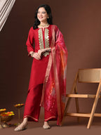 Myshka Women Red Floral Yoke Design Sequinned A-Line Kurta Set with Dupatta - Distacart