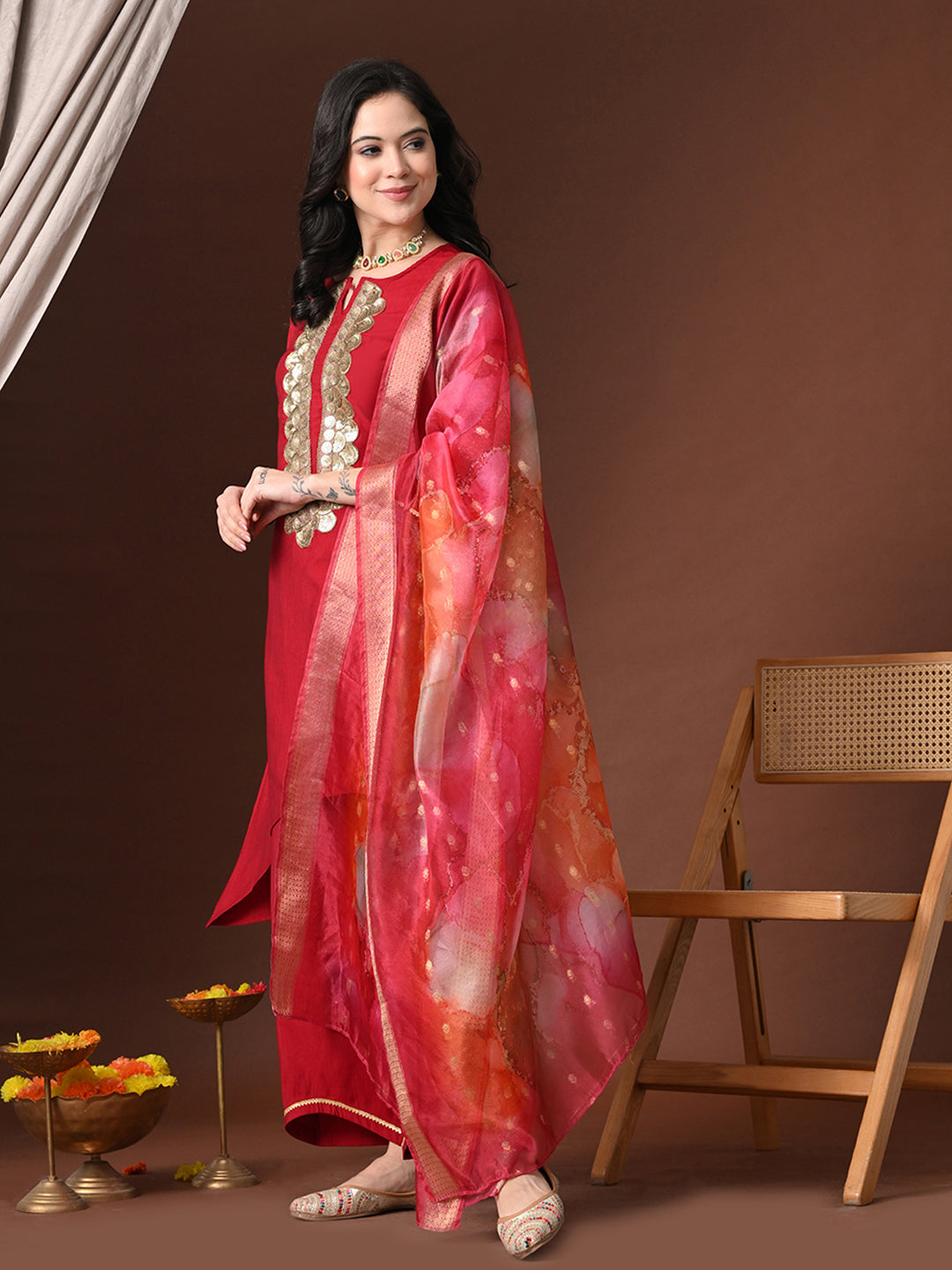 Myshka Women Red Floral Yoke Design Sequinned A-Line Kurta Set with Dupatta - Distacart