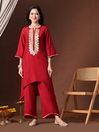 Myshka Women Red Floral Yoke Design Sequinned A-Line Kurta Set with Dupatta - Distacart