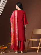 Myshka Women Red Floral Yoke Design Sequinned A-Line Kurta Set with Dupatta - Distacart