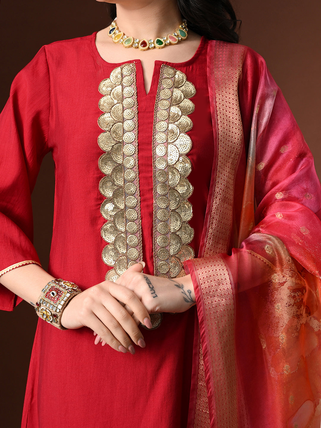 Myshka Women Red Floral Yoke Design Sequinned A-Line Kurta Set with Dupatta - Distacart