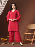 Myshka Women Red Pure Cotton Embroiderd Three-Forth Sleeve Kurta with Trouser - Distacart