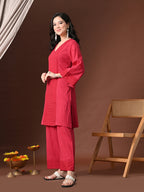 Myshka Women Red Pure Cotton Embroiderd Three-Forth Sleeve Kurta with Trouser - Distacart