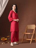 Myshka Women Red Pure Cotton Embroiderd Three-Forth Sleeve Kurta with Trouser - Distacart
