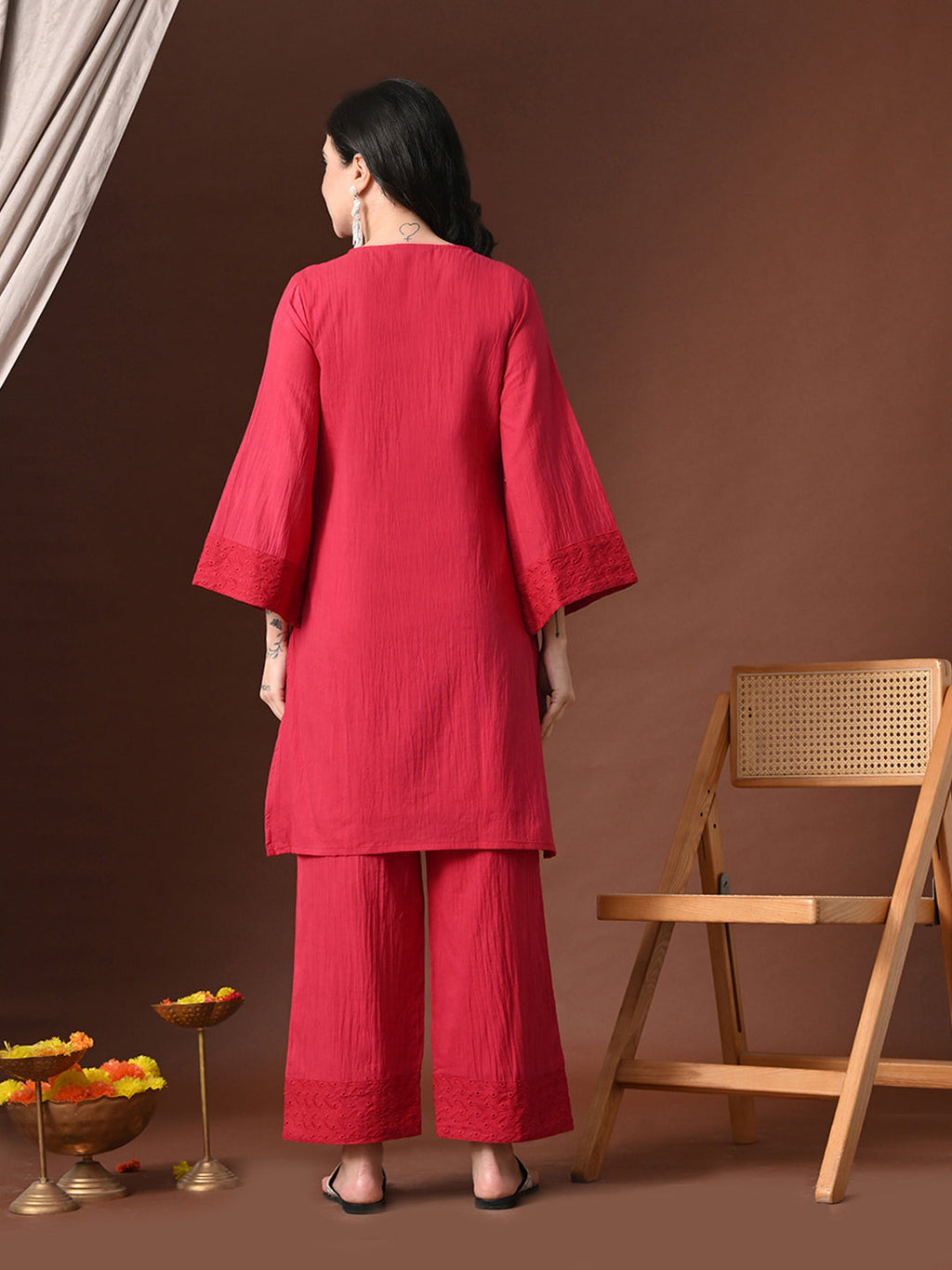 Myshka Women Red Pure Cotton Embroiderd Three-Forth Sleeve Kurta with Trouser - Distacart