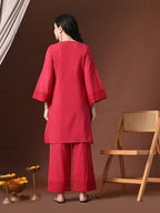 Myshka Women Red Pure Cotton Embroiderd Three-Forth Sleeve Kurta with Trouser - Distacart
