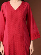 Myshka Women Red Pure Cotton Embroiderd Three-Forth Sleeve Kurta with Trouser - Distacart