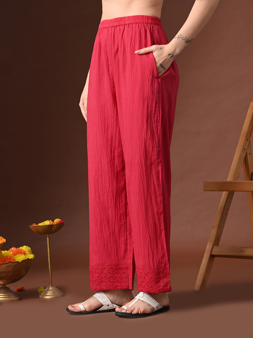 Myshka Women Red Pure Cotton Embroiderd Three-Forth Sleeve Kurta with Trouser - Distacart