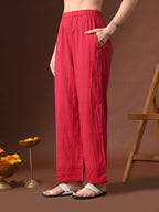 Myshka Women Red Pure Cotton Embroiderd Three-Forth Sleeve Kurta with Trouser - Distacart