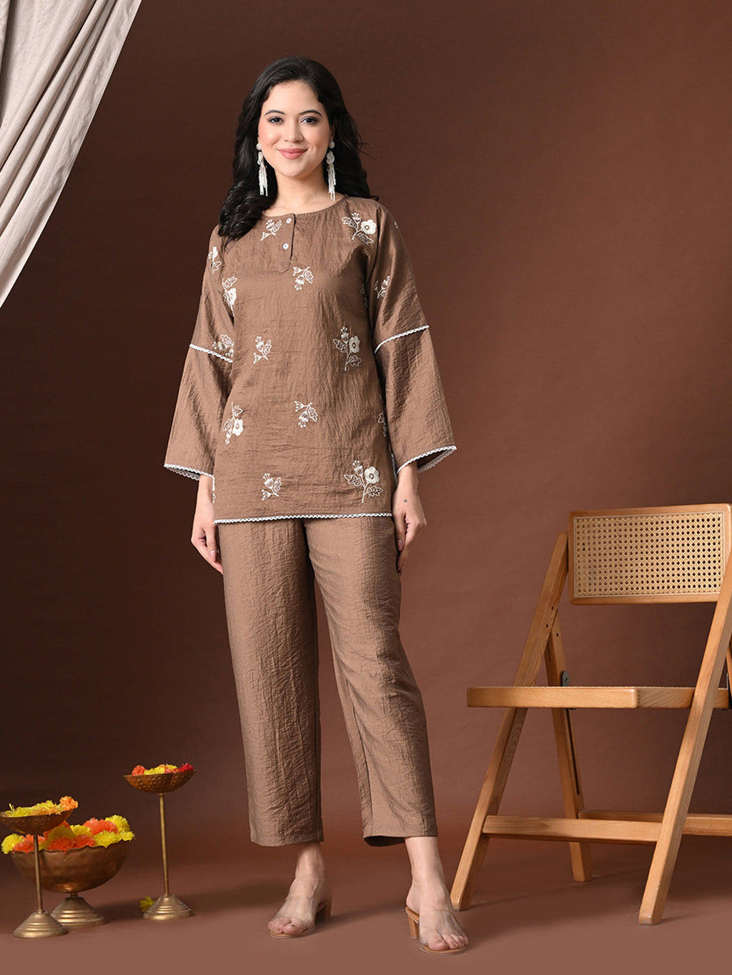 Myshka Women Brown Cotton Embroidered Three Fourth Sleeve Kurta with Trouser