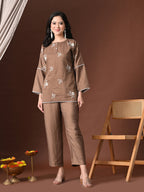 Myshka Women Brown Cotton Embroidered Three Fourth Sleeve Kurta with Trouser