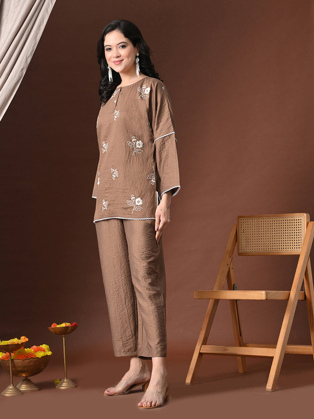 Myshka Women Brown Cotton Embroidered Three Fourth Sleeve Kurta with Trouser