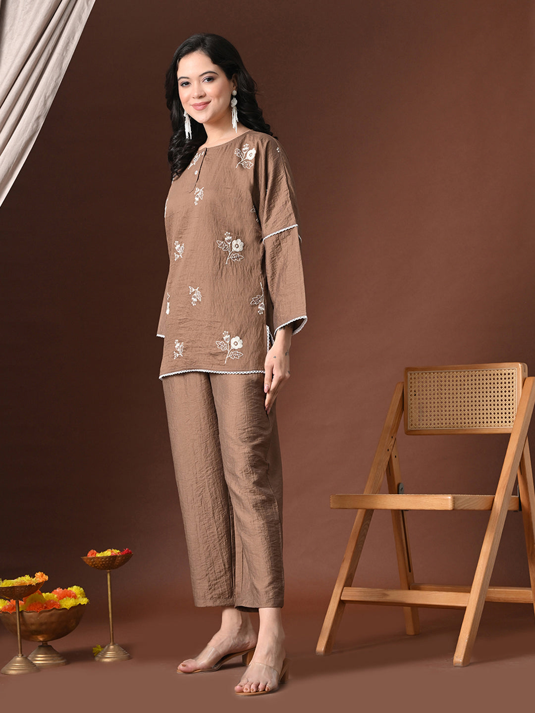 Myshka Women Brown Cotton Embroidered Three Fourth Sleeve Kurta with Trouser