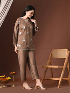 Myshka Women Brown Cotton Embroidered Three Fourth Sleeve Kurta with Trouser