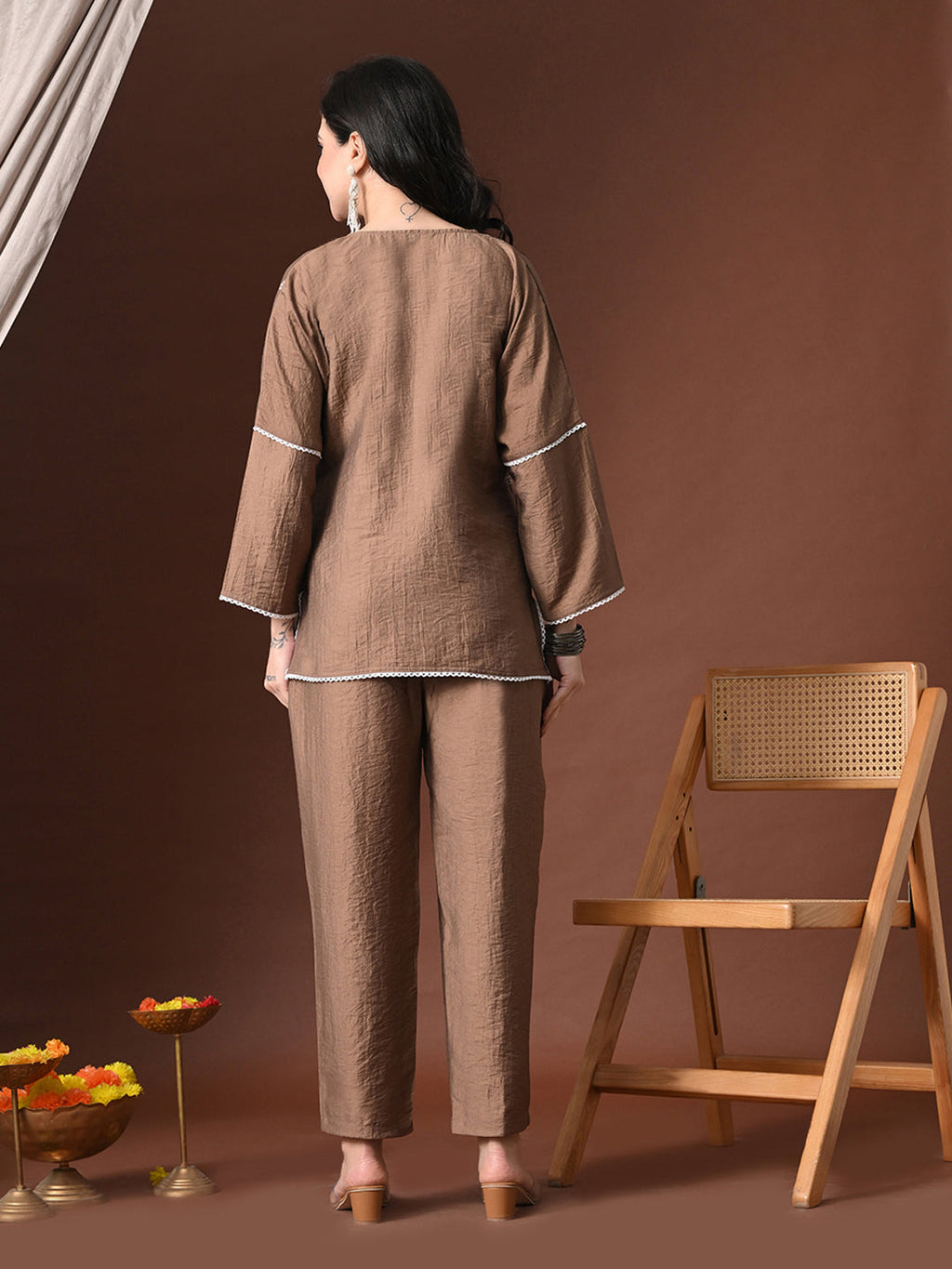 Myshka Women Brown Cotton Embroidered Three Fourth Sleeve Kurta with Trouser