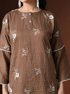 Myshka Women Brown Cotton Embroidered Three Fourth Sleeve Kurta with Trouser