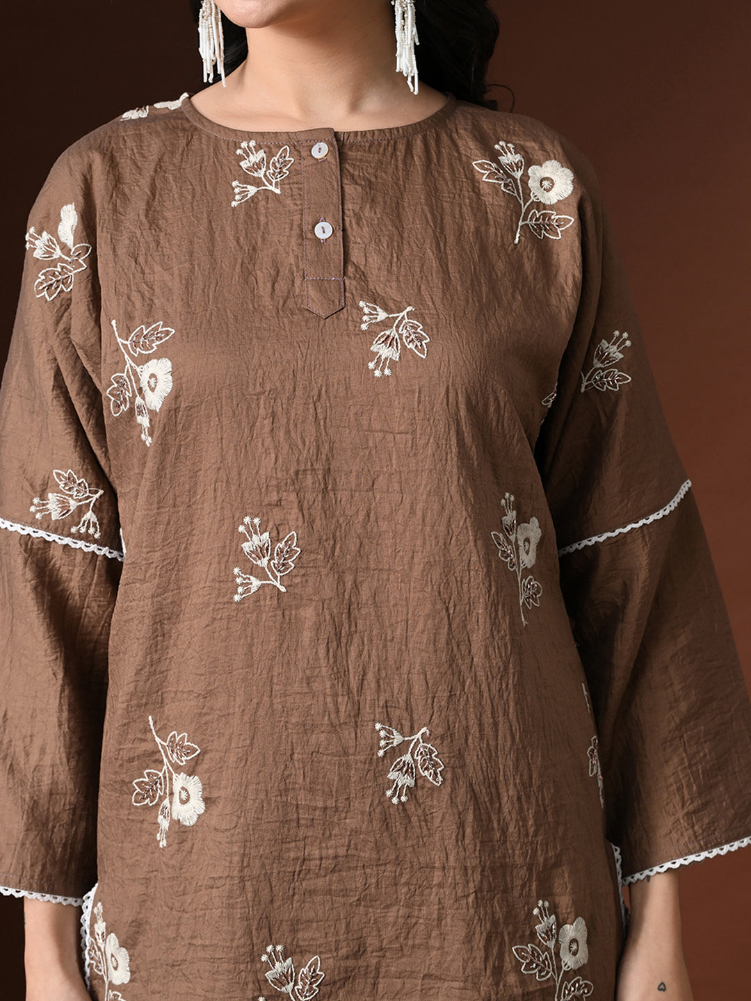 Myshka Women Brown Cotton Embroidered Three Fourth Sleeve Kurta with Trouser