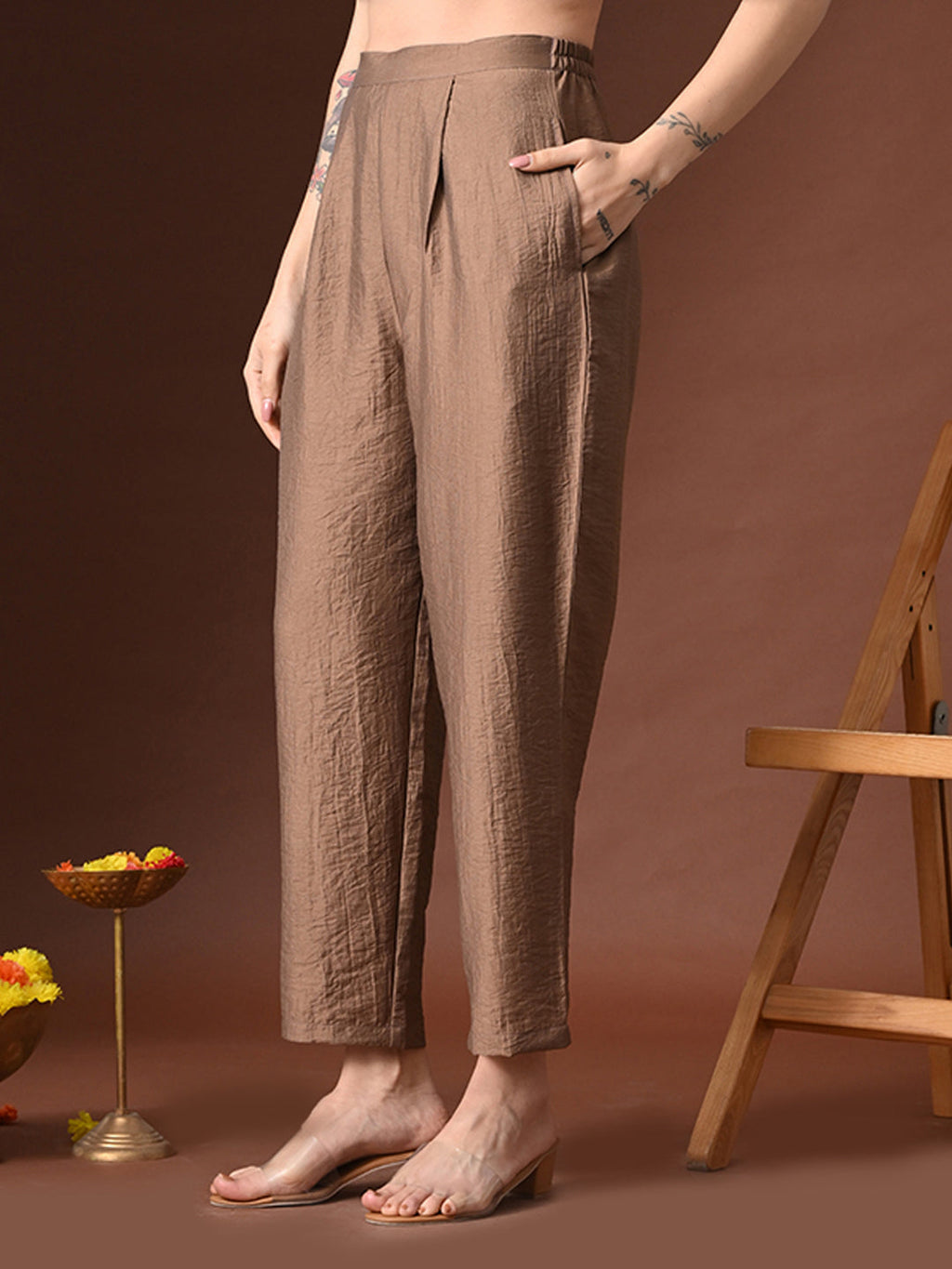 Myshka Women Brown Cotton Embroidered Three Fourth Sleeve Kurta with Trouser
