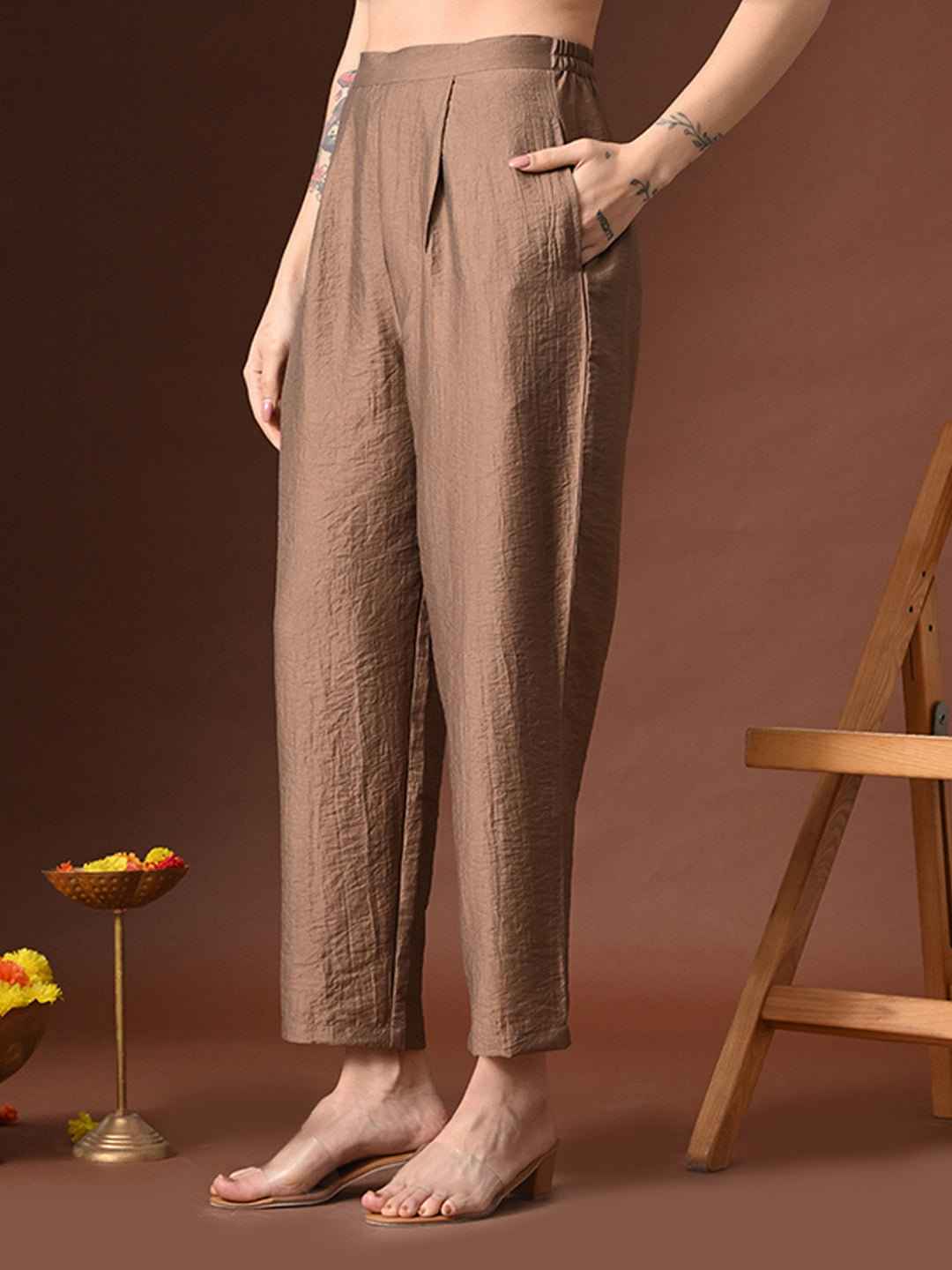 Myshka Women Brown Cotton Embroidered Three Fourth Sleeve Kurta with Trouser