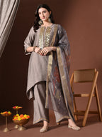 Myshka Women Grey Floral Yoke Design Sequinned A-Line Kurta Set with Dupatta - Distacart