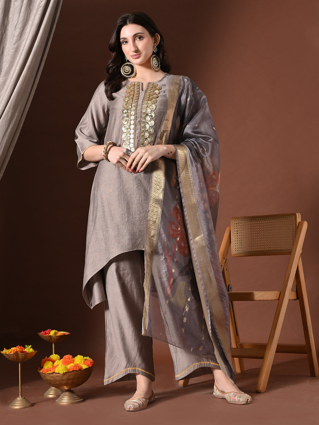 Myshka Women Grey Floral Yoke Design Sequinned A-Line Kurta Set with Dupatta - Distacart