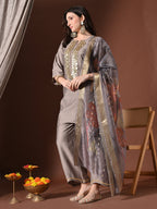 Myshka Women Grey Floral Yoke Design Sequinned A-Line Kurta Set with Dupatta - Distacart