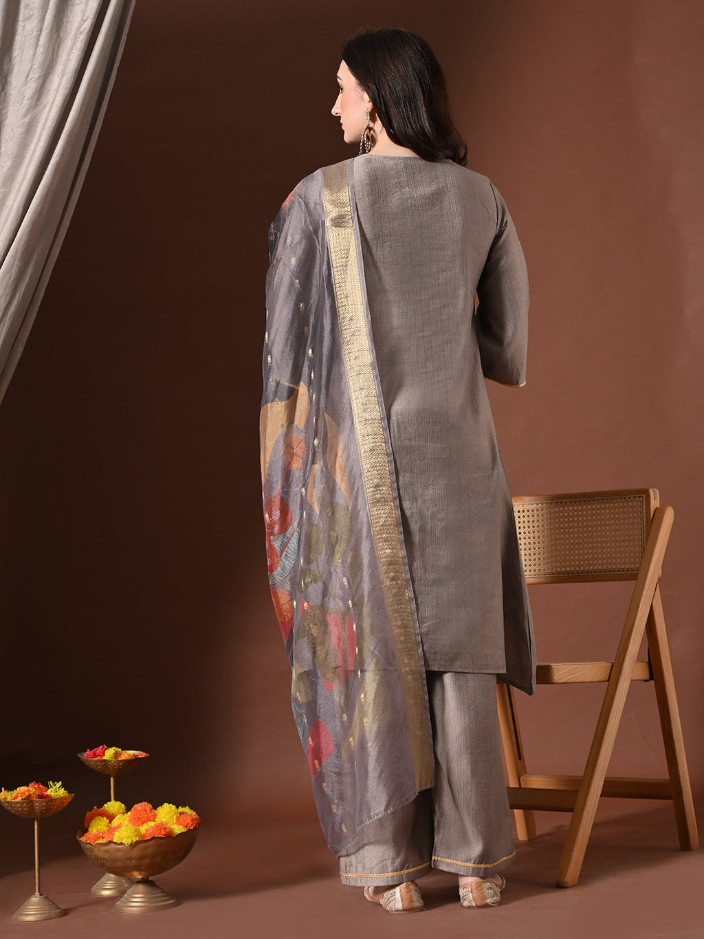 Myshka Women Grey Floral Yoke Design Sequinned A-Line Kurta Set with Dupatta - Distacart