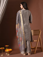 Myshka Women Grey Floral Yoke Design Sequinned A-Line Kurta Set with Dupatta - Distacart