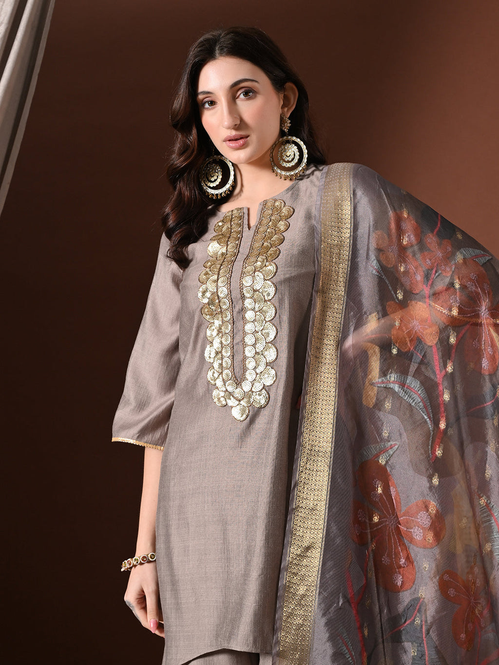 Myshka Women Grey Floral Yoke Design Sequinned A-Line Kurta Set with Dupatta - Distacart