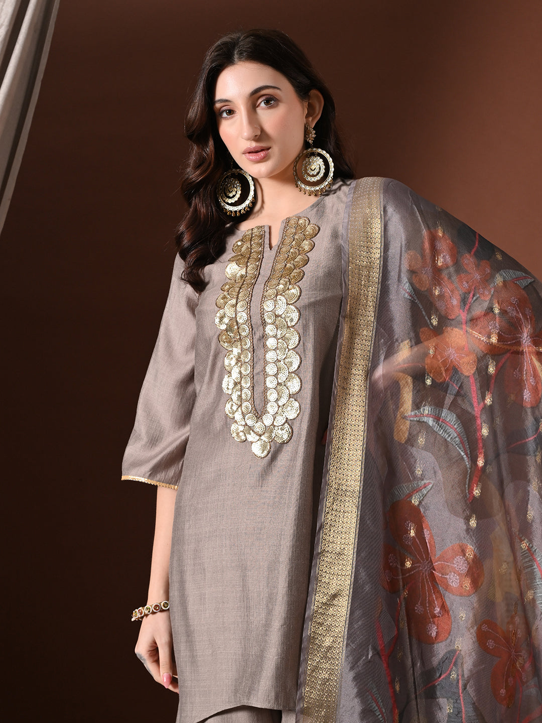 Myshka Women Grey Floral Yoke Design Sequinned A-Line Kurta Set with Dupatta - Distacart