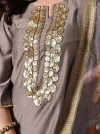 Myshka Women Grey Floral Yoke Design Sequinned A-Line Kurta Set with Dupatta - Distacart