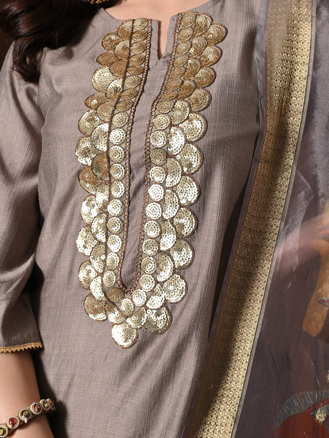Myshka Women Grey Floral Yoke Design Sequinned A-Line Kurta Set with Dupatta - Distacart