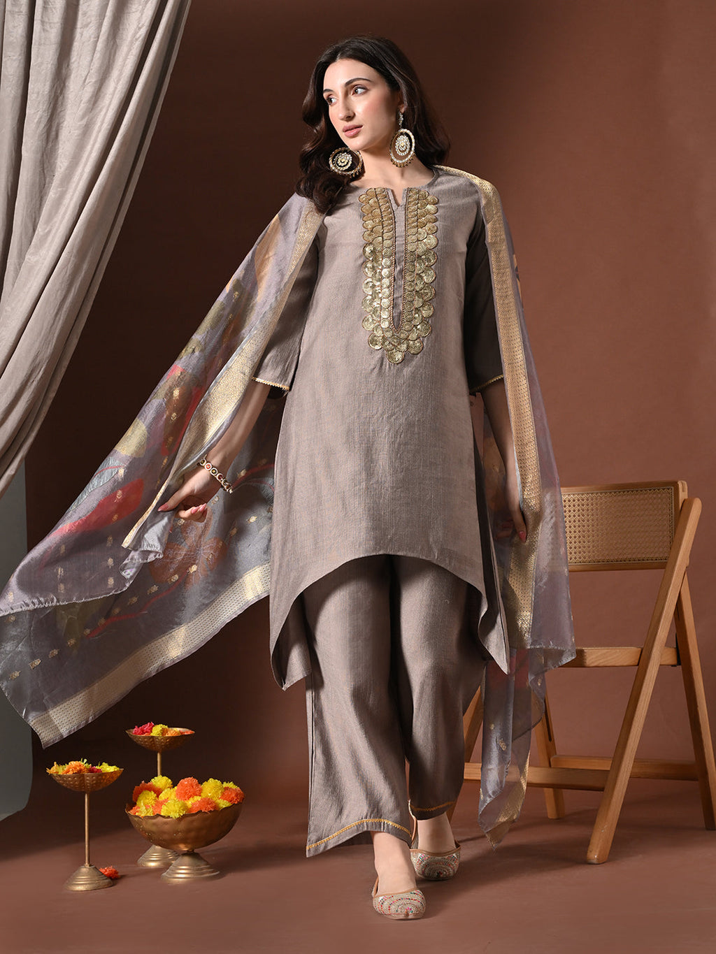 Myshka Women Grey Floral Yoke Design Sequinned A-Line Kurta Set with Dupatta - Distacart