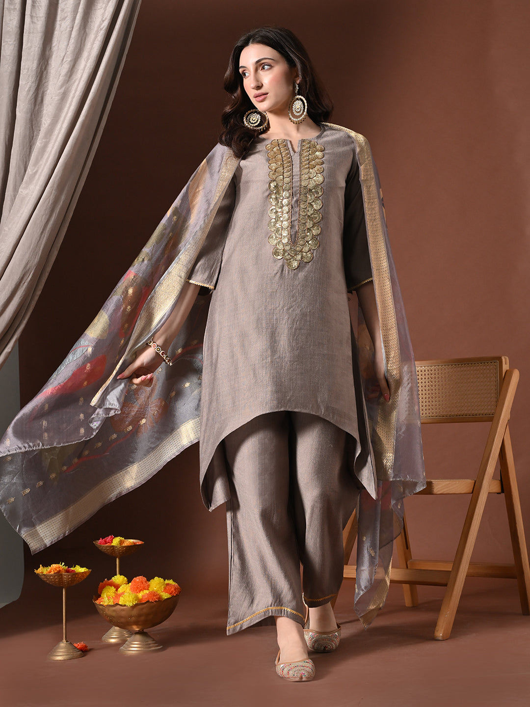 Myshka Women Grey Floral Yoke Design Sequinned A-Line Kurta Set with Dupatta - Distacart