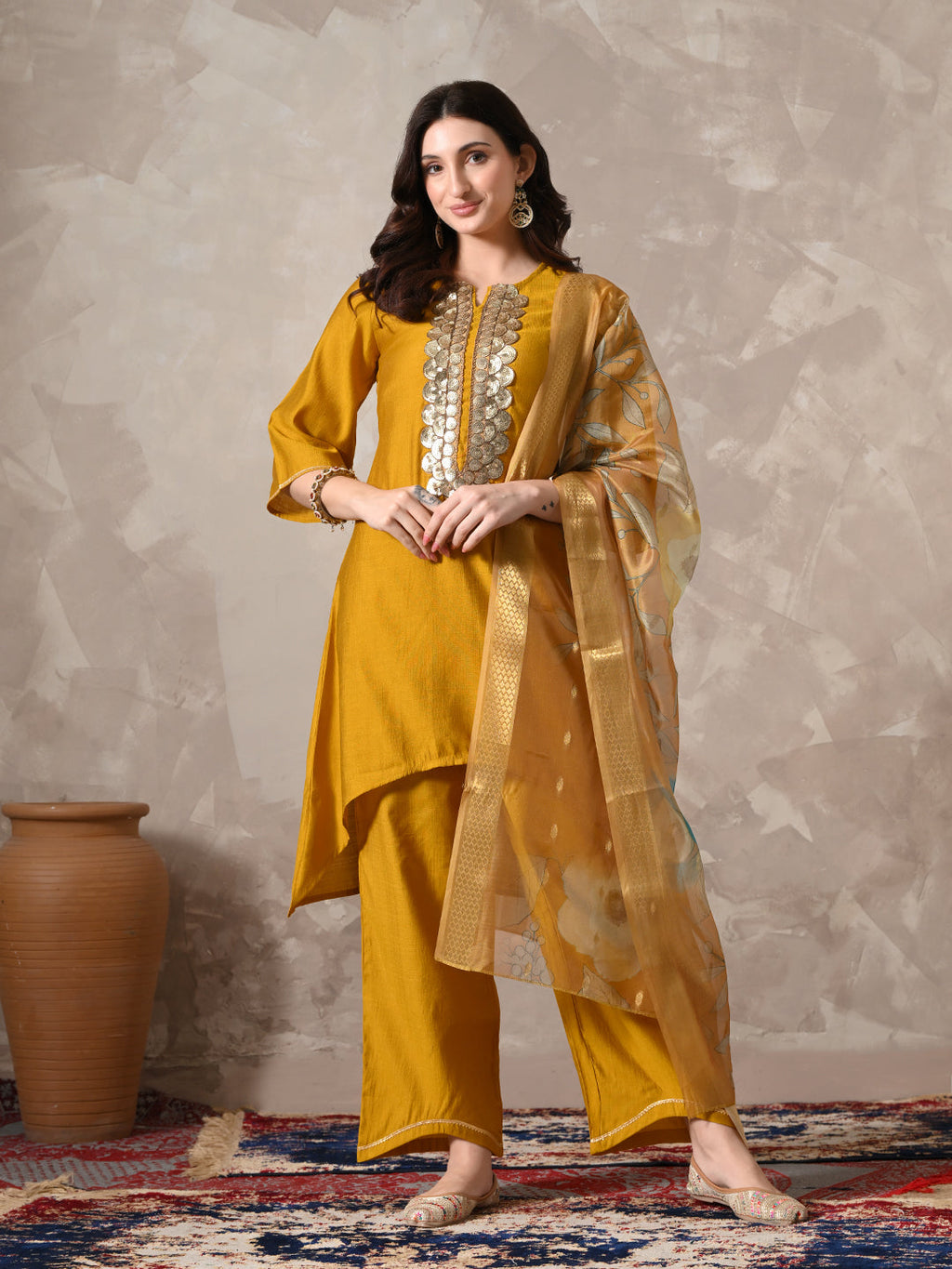 Myshka Women Mustard Floral Yoke Design Sequinned A-Line Kurta Set with Dupatta - Distacart